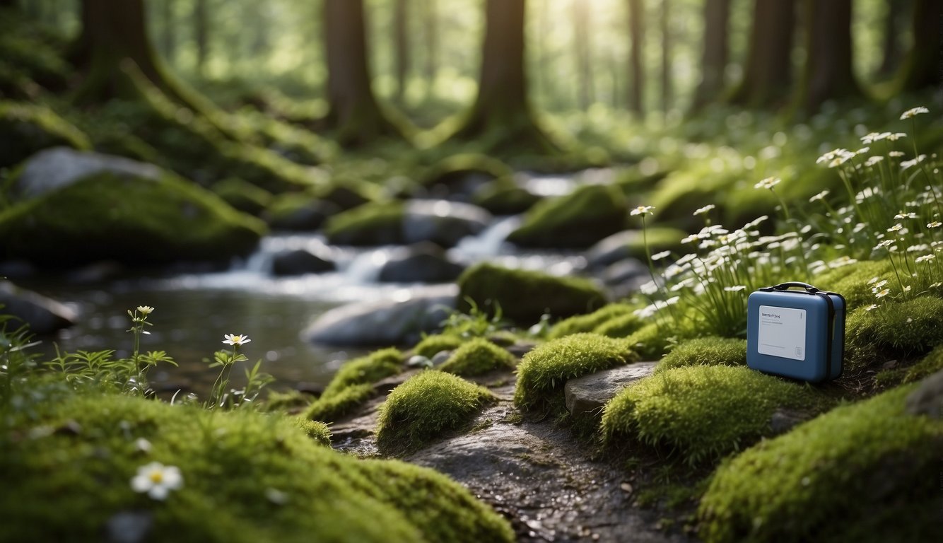 A serene forest clearing with a babbling brook, surrounded by wildflowers and towering trees. A first aid kit and bandages lay on a moss-covered rock