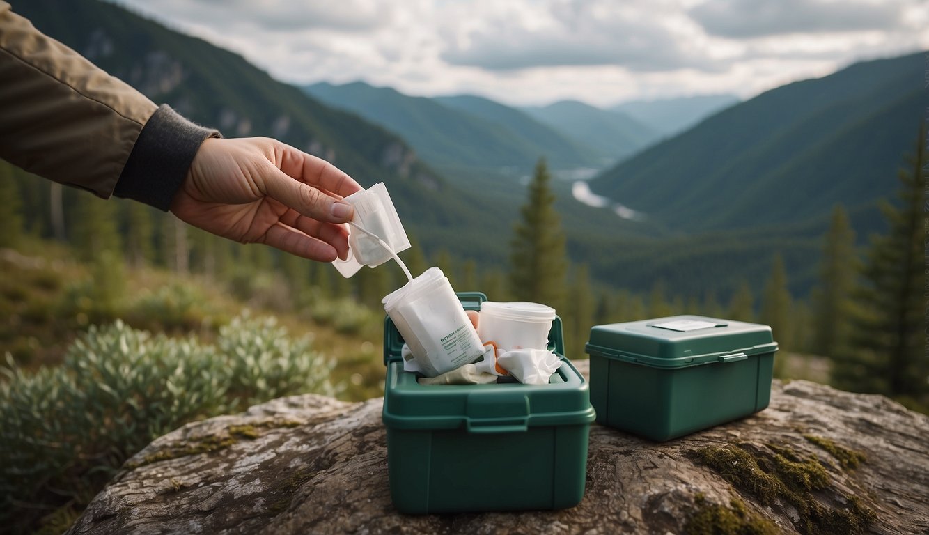 A hand reaching for a first aid kit, surrounded by wilderness scenery. A wound is being cleaned and dressed to prevent infection