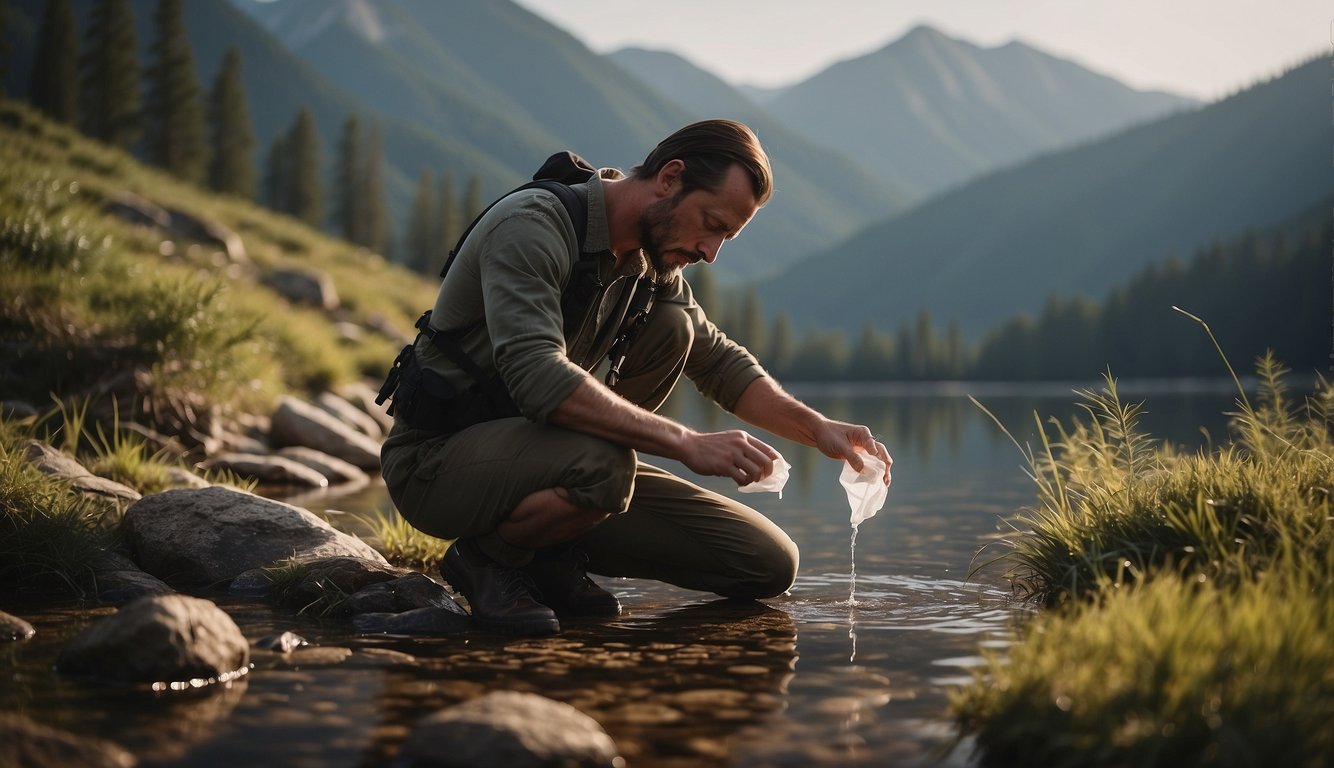 A person in a wilderness setting carefully cleans and dresses a wound, using clean water, antiseptic, and sterile bandages