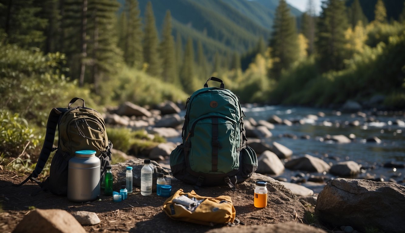 A rugged wilderness scene with a person's backpack open, revealing wound care supplies scattered on the ground. A stream flows nearby, surrounded by dense forest and rocky terrain