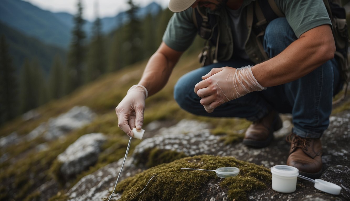 A person in a wilderness setting carefully tending to a wound, using sterile supplies and following proper wound care procedures to prevent infections