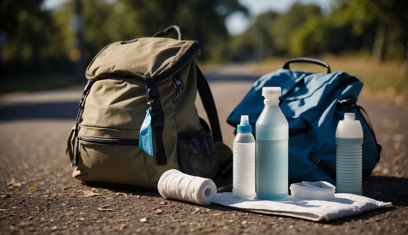 A backpack open on the ground, with bandages, antiseptic wipes, and medical tape spilling out. A water bottle and a map are nearby