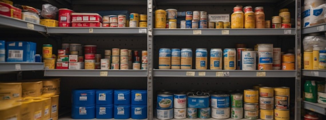 Various items such as canned food, water bottles, batteries, and first aid supplies are neatly organized on shelves in a stockpile room