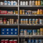 Various items such as canned food, water bottles, batteries, and first aid supplies are neatly organized on shelves in a stockpile room