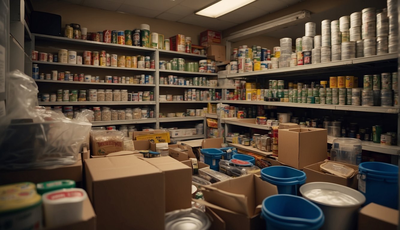 A cluttered room with shelves stocked with essential barter items like canned food, water, batteries, and medical supplies