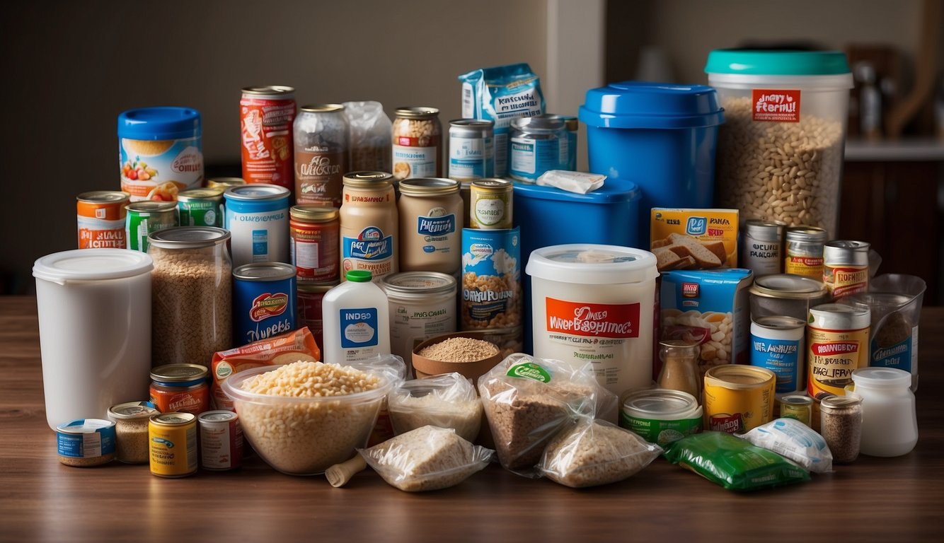 A stockpile of essential barter items, including non-perishable food, water, medical supplies, and tools, neatly organized in a secure and accessible location for post-disaster economics