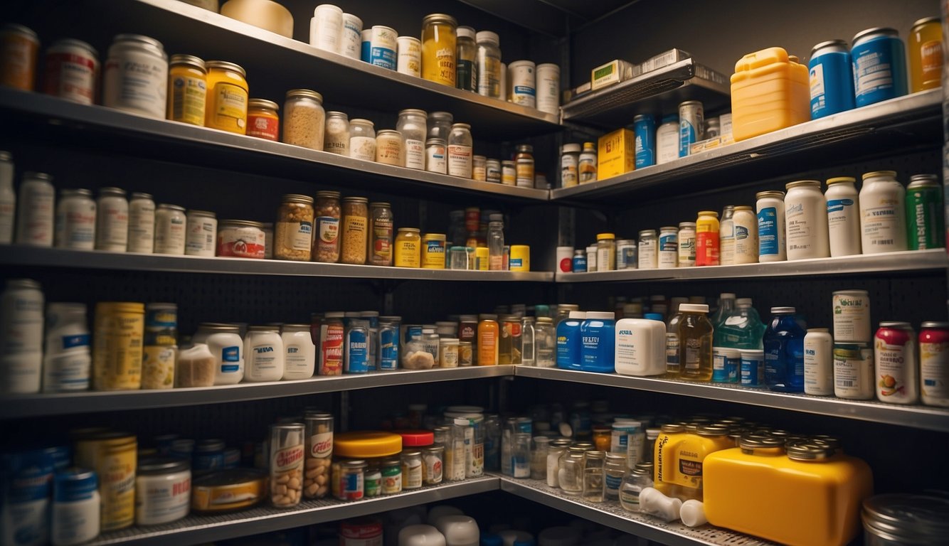 Various essential barter items are neatly organized on shelves: canned food, water purification tablets, batteries, first aid supplies, and tools