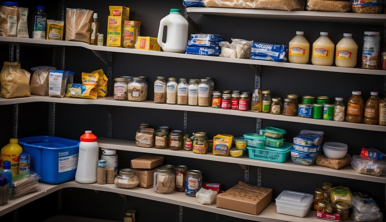 A collection of essential barter items neatly organized on shelves, including non-perishable food, medical supplies, tools, and other useful goods for post-disaster trading