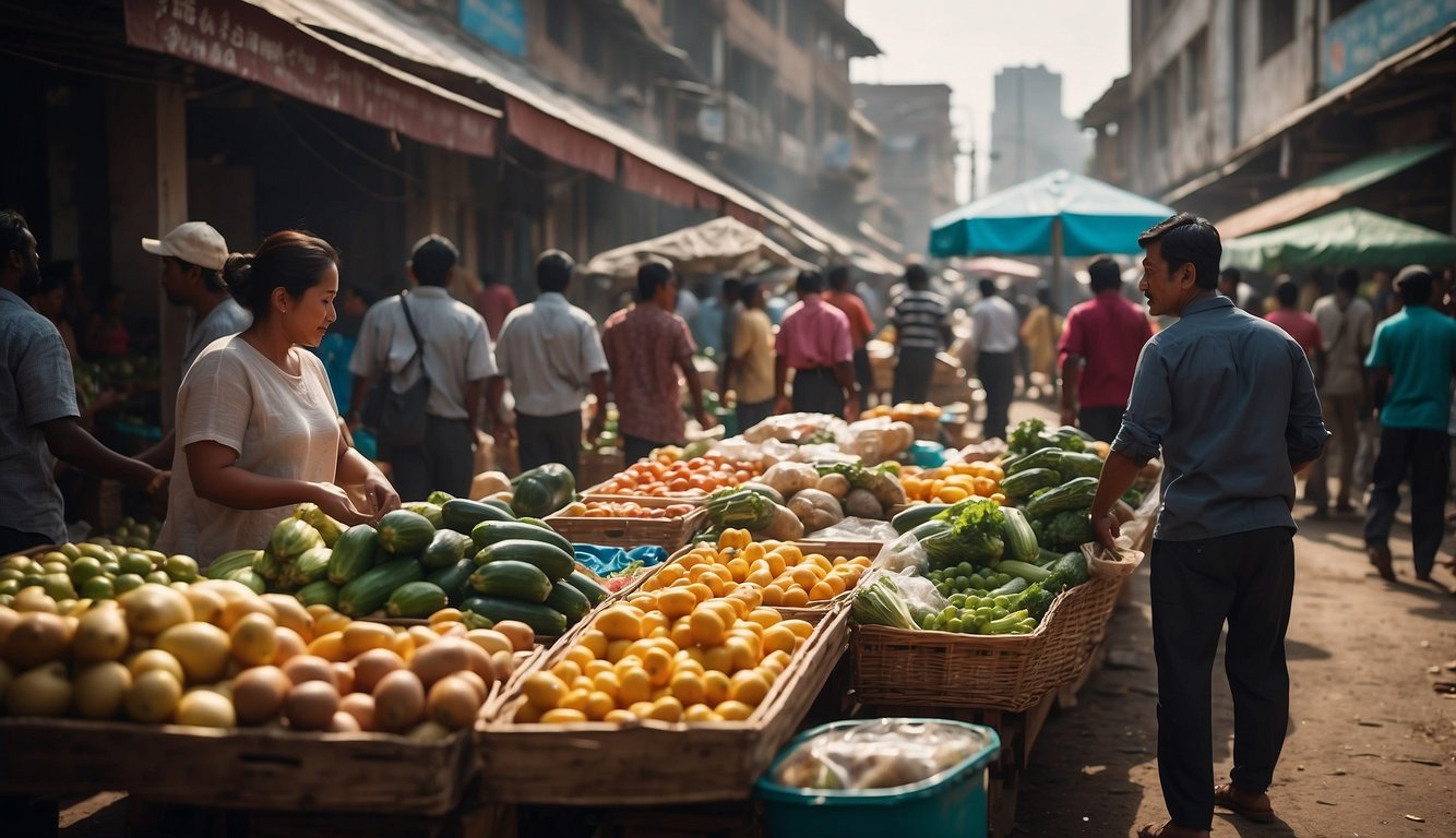 A bustling market with people exchanging goods like food, water, tools, and clothing.