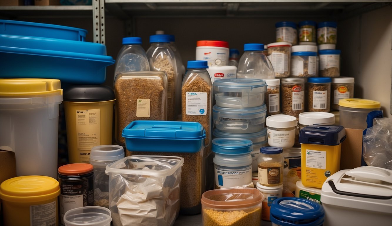 A well-organized stockpile of essential items, including non-perishable food, water, medical supplies, and tools, is neatly arranged in a secure storage area