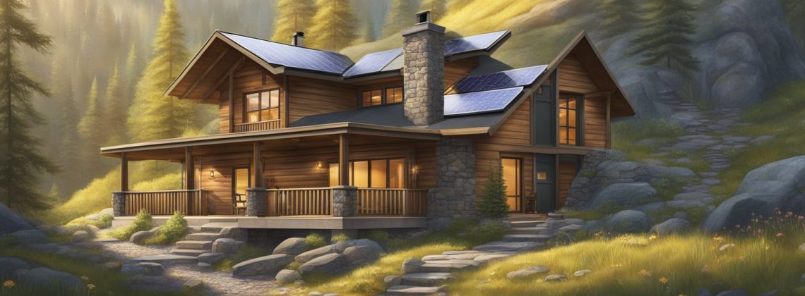 A secluded mountain cabin with solar panels, rainwater collection system, and hidden entrance. Surrounding forest provides for hunting and foraging