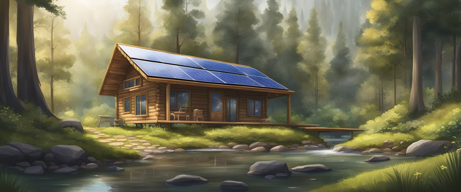 A secluded cabin in a dense forest, with a clear stream nearby and a small garden for growing food. A sturdy shelter with solar panels and rainwater collection system