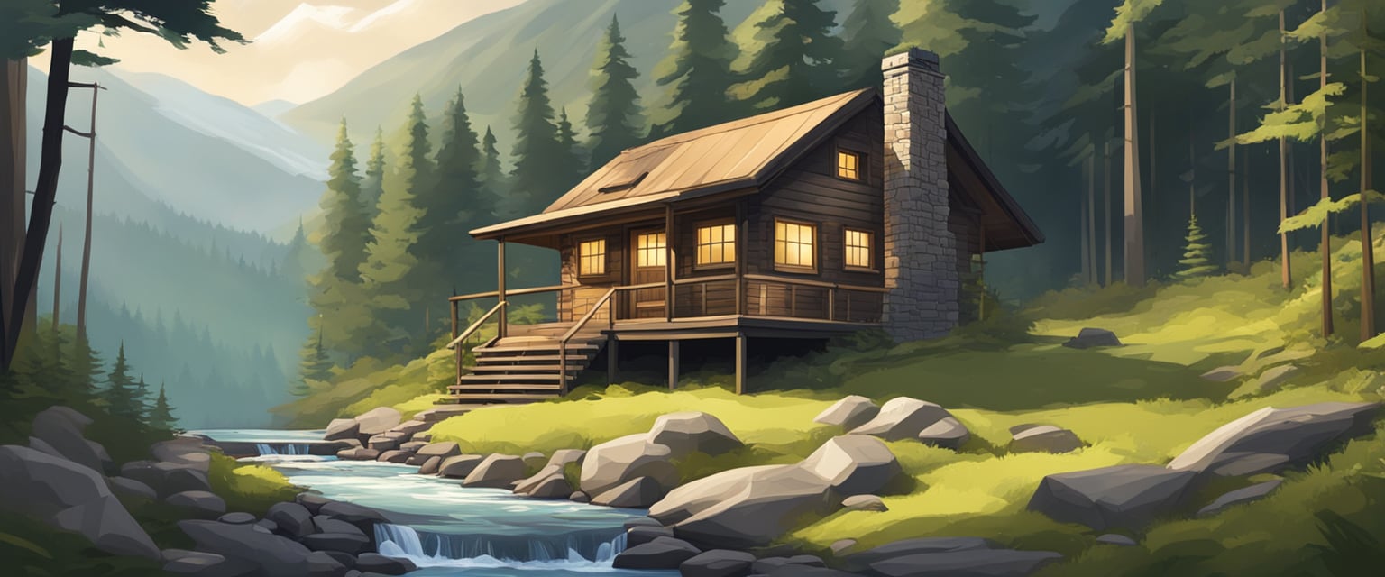 A secluded cabin nestled in the mountains, surrounded by dense forest and a clear, flowing stream. A hidden bunker with supplies and security measures