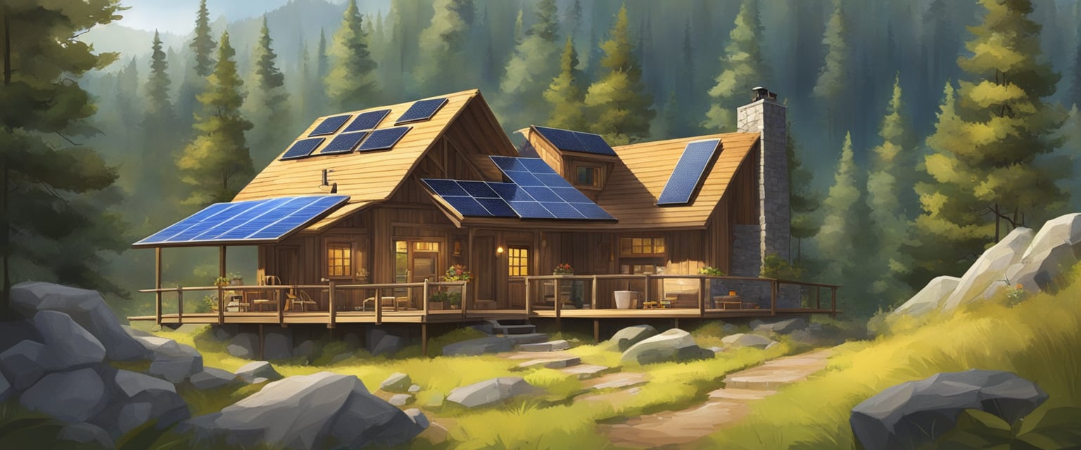 A secluded mountain cabin with solar panels, rainwater collection system, and a well-stocked pantry. Surrounding forest provides hunting and foraging opportunities