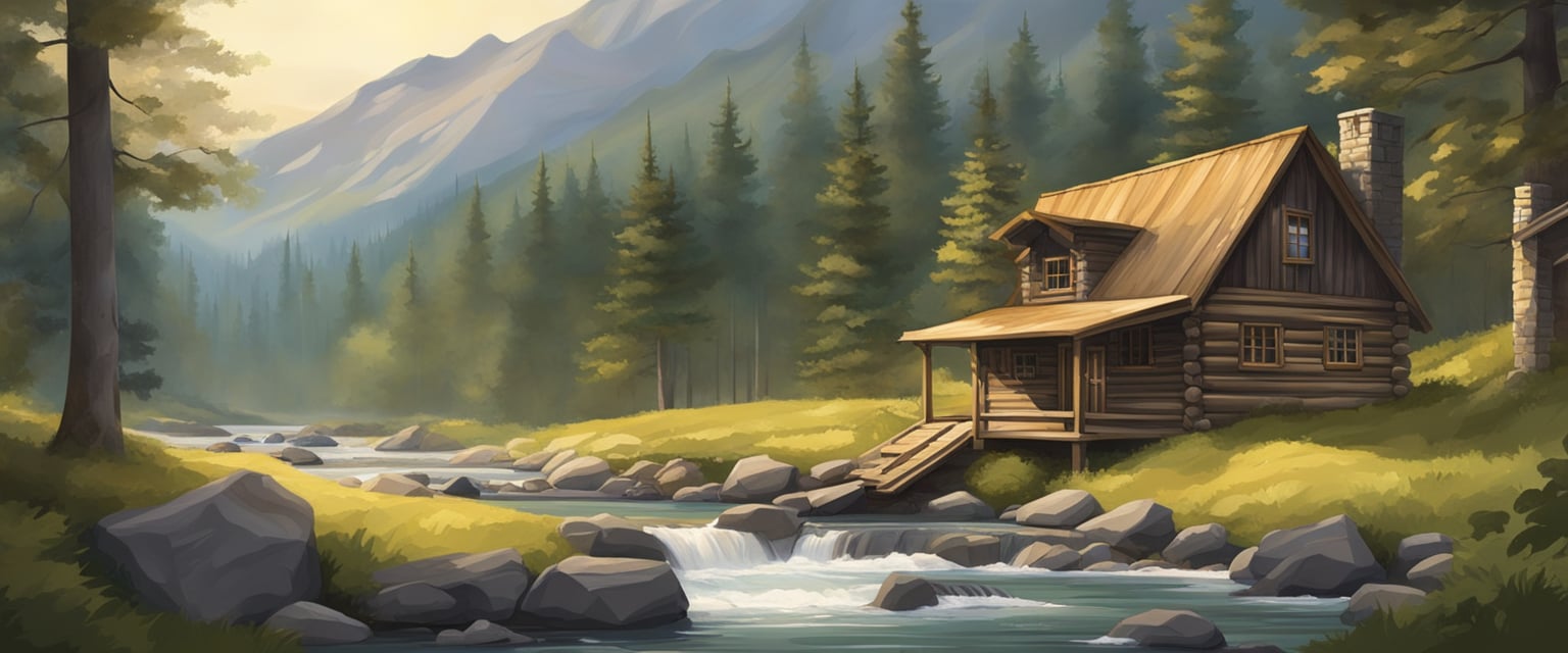 A secluded cabin nestled in the mountains, surrounded by dense forest and a clear, flowing stream nearby. A sturdy shelter with ample supplies and hidden from view