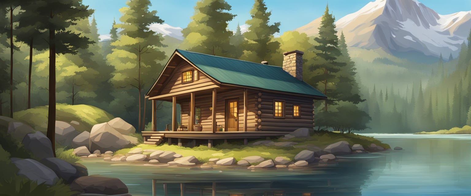 A secluded cabin nestled in a dense forest, surrounded by mountains and a clear, flowing river. A well-stocked shelter with hidden entrances and ample supplies
