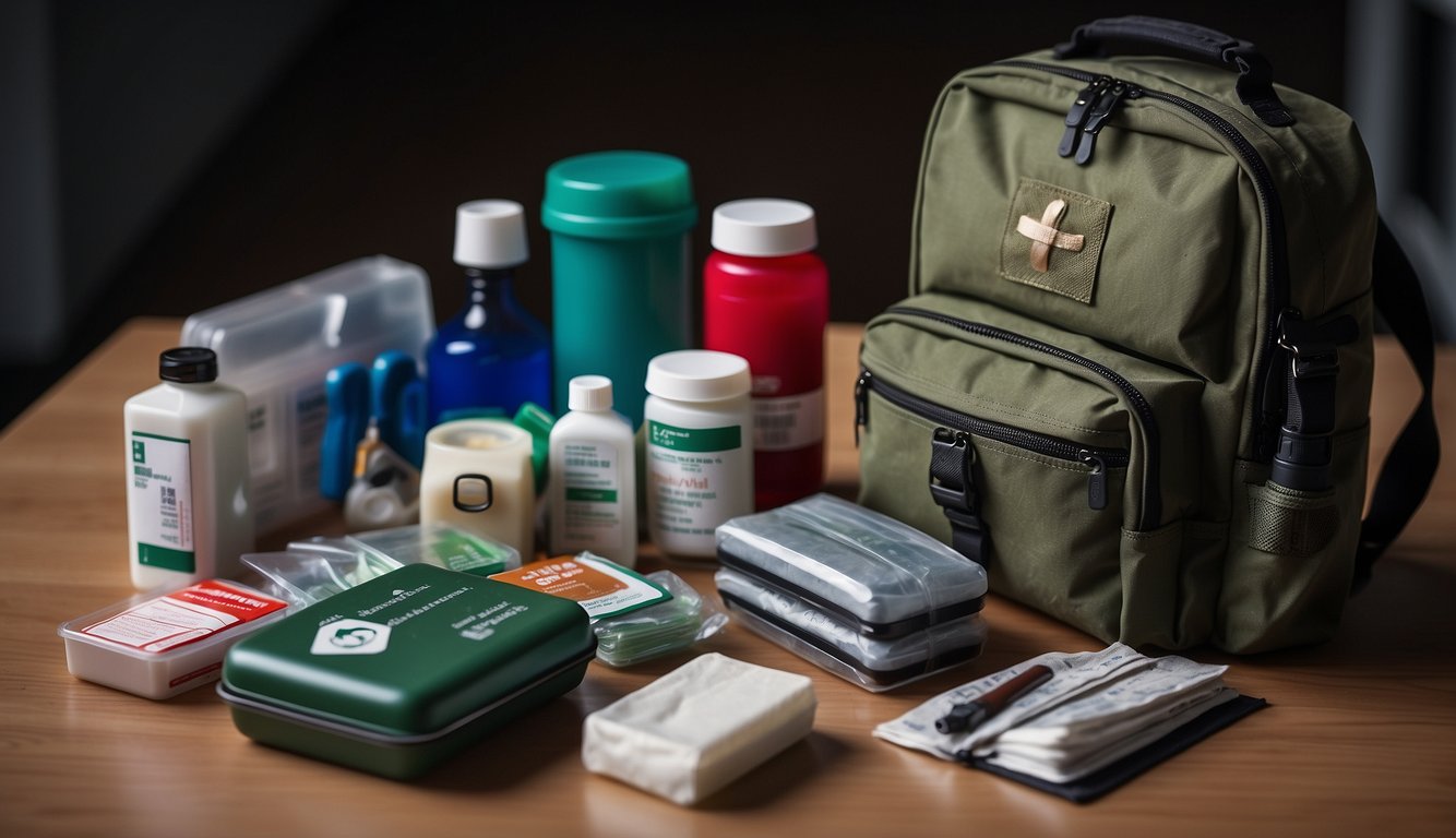 A bug out bag sits open, revealing a well-organized first aid kit with essential items for situational awareness and safety