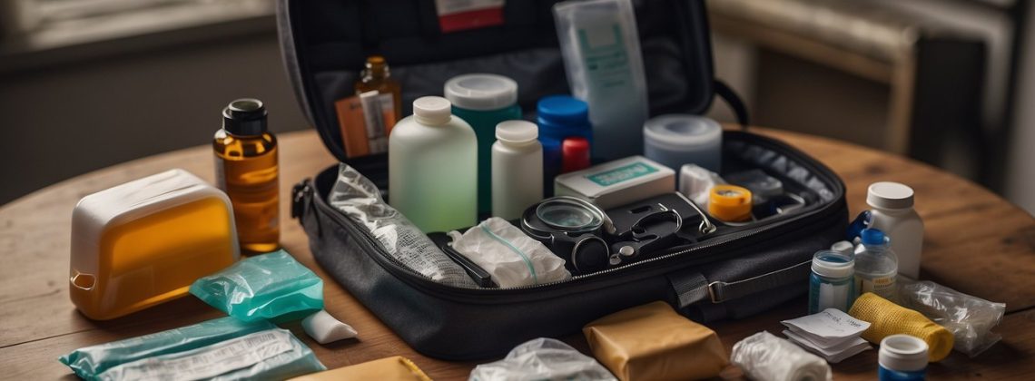 A bug out bag sits open, revealing a first aid kit with bandages, antiseptic wipes, scissors, and other medical supplies neatly organized inside