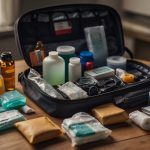 A bug out bag sits open, revealing a first aid kit with bandages, antiseptic wipes, scissors, and other medical supplies neatly organized inside
