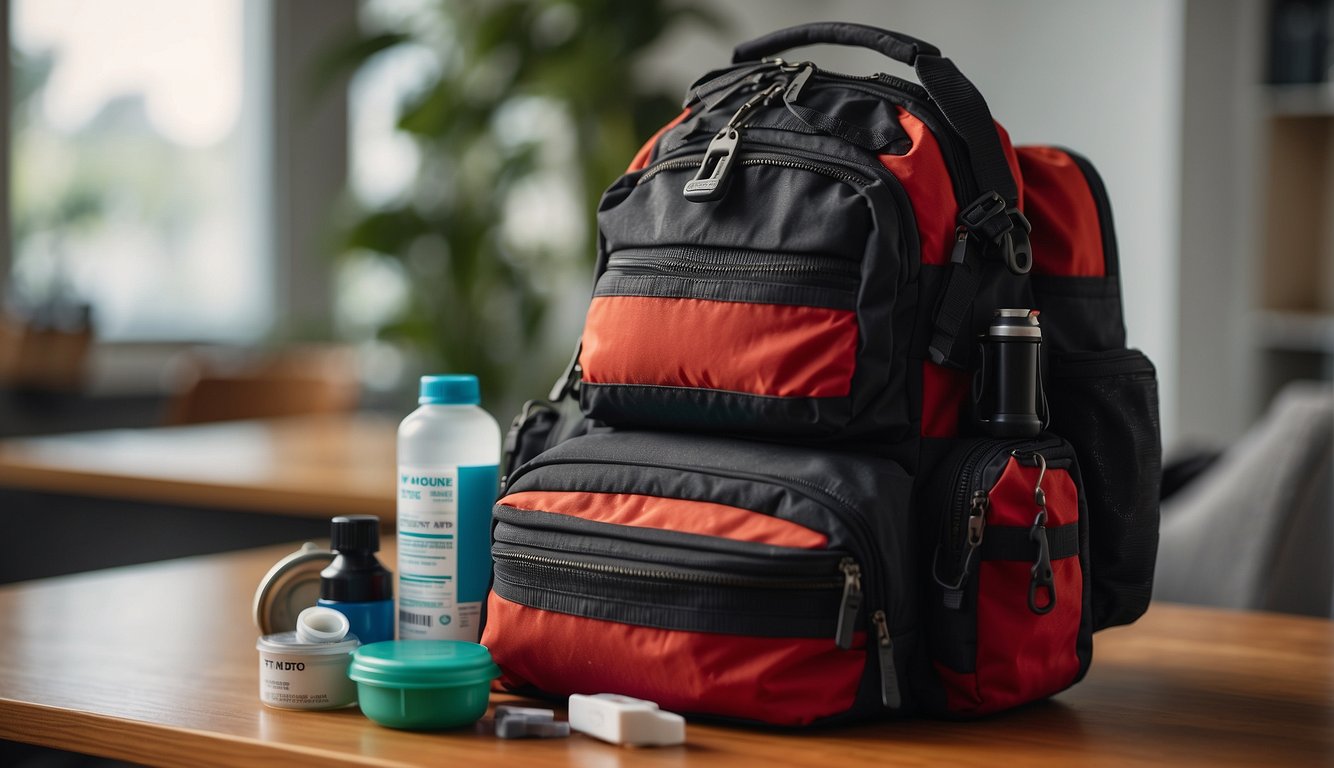 A red and black bug out bag sits open, filled with medical supplies and a first aid kit list