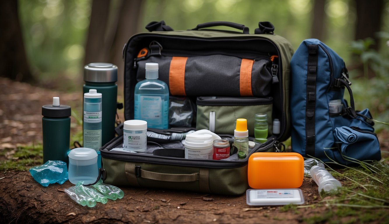 A bug out bag sits open, revealing a first aid kit, flashlight, multi-tool, water purification tablets, and emergency blanket