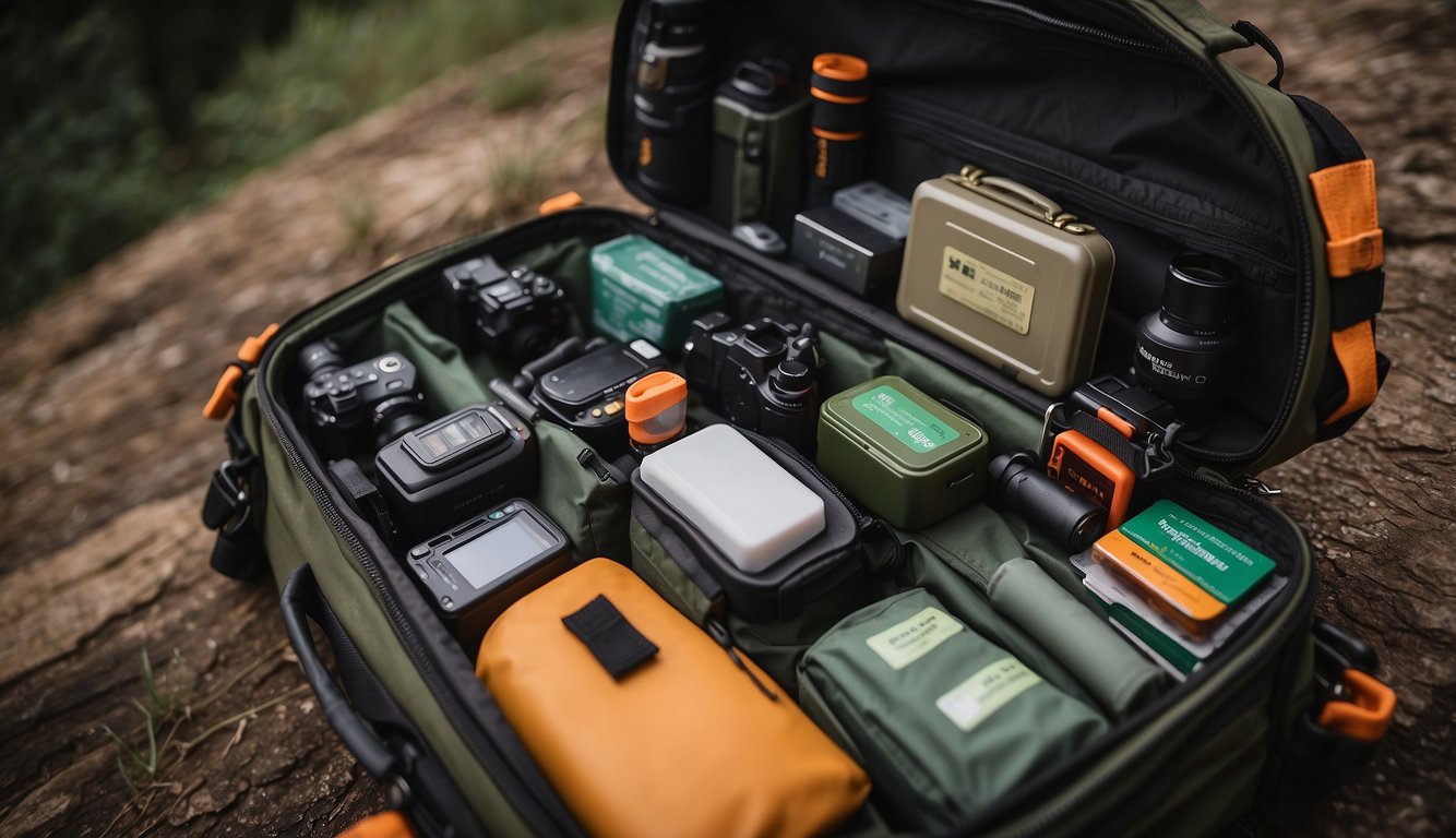 A bug out bag sits open, revealing a first aid kit, navigation tools, and communication devices neatly arranged inside