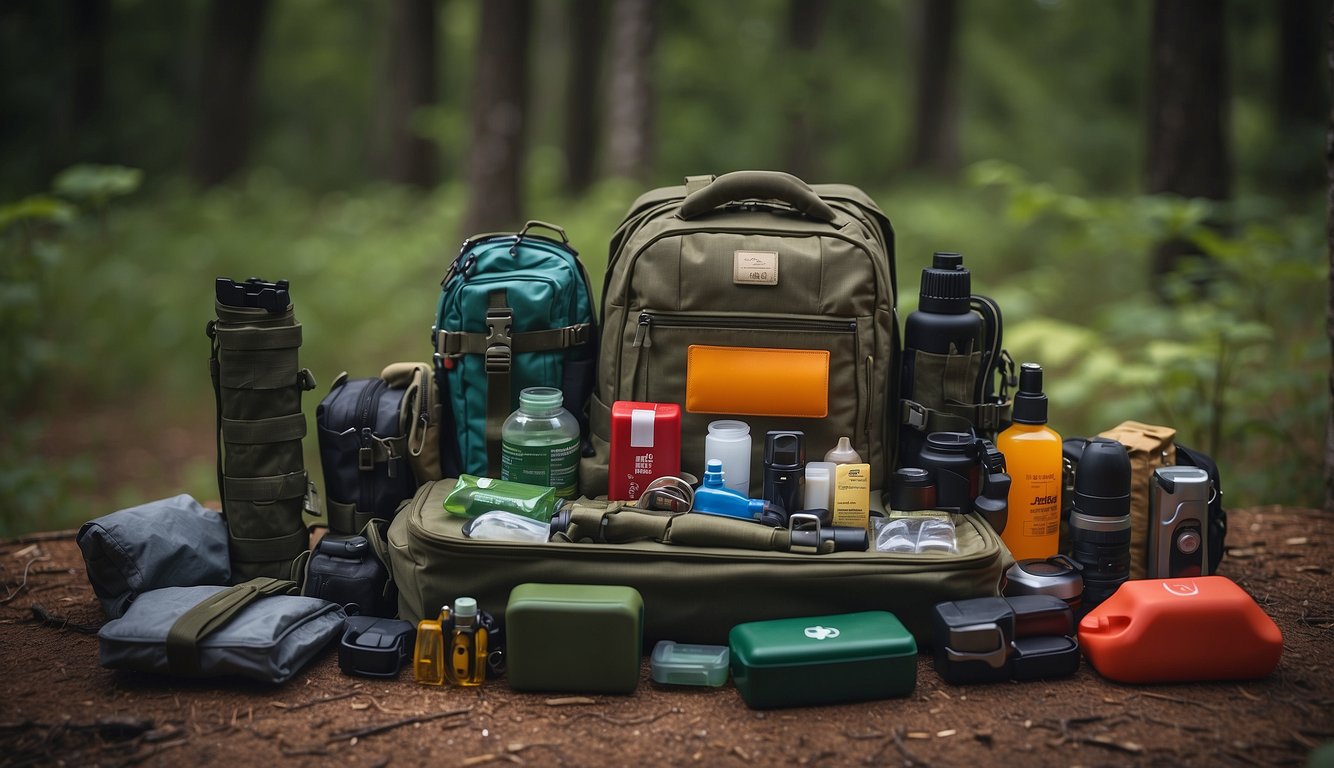 A bug out bag sits open, revealing a first aid kit, flashlight, multitool, and other accessories neatly organized inside