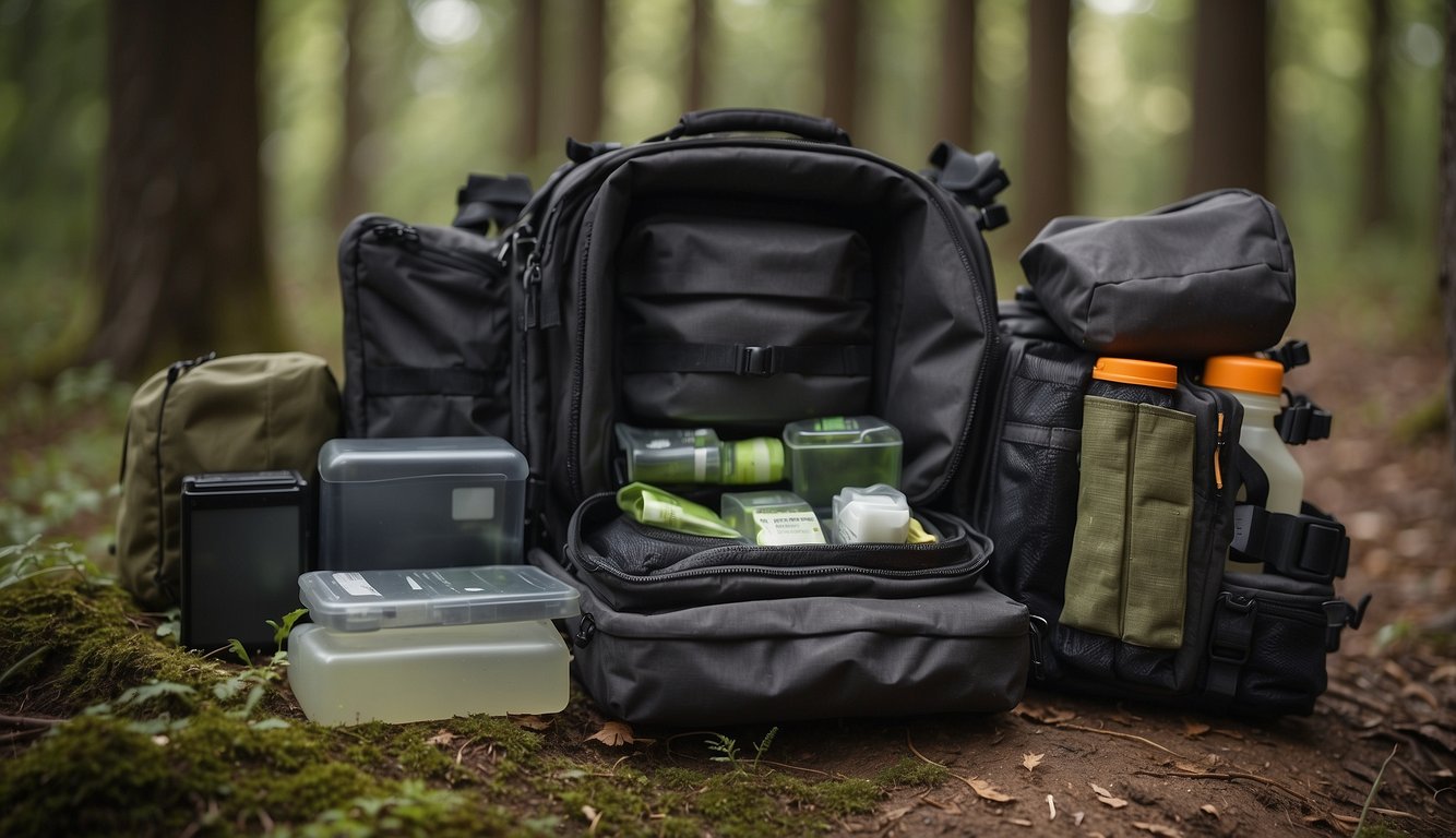 A bug out bag lays open, revealing first aid kit, protective clothing, and mobility gear