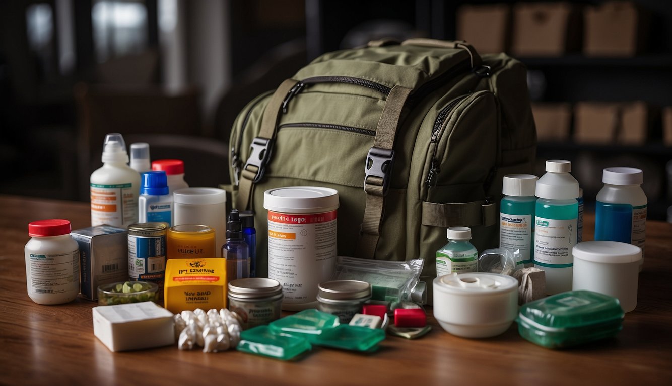 A bug out bag sits open, revealing packets of sustenance and a well-stocked first aid kit