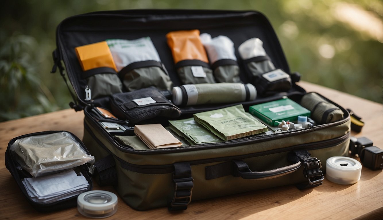 A bug out bag lays open, revealing a first aid kit, personal identification, and documentation neatly organized inside