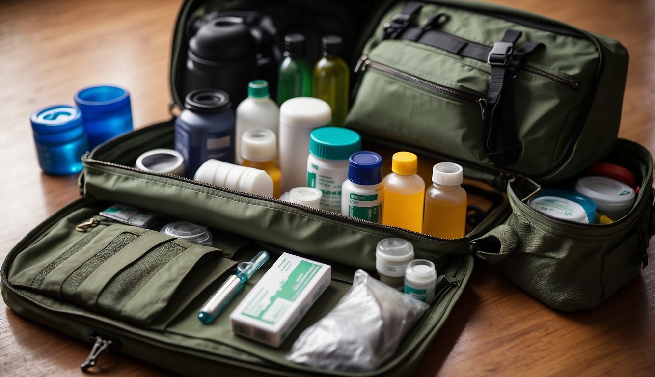 A bug out bag sits open, revealing neatly organized first aid supplies for health considerations and special needs