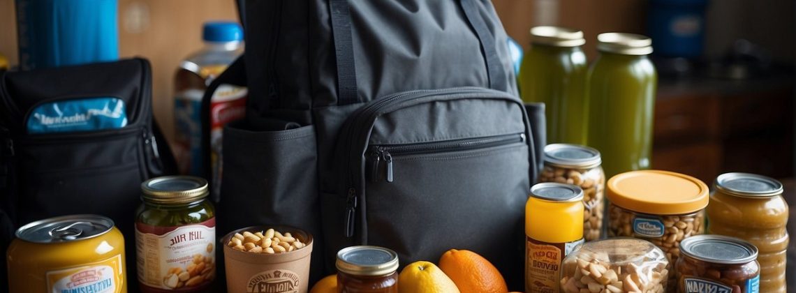 A backpack filled with non-perishable food items, such as canned goods, protein bars, and dried fruits.