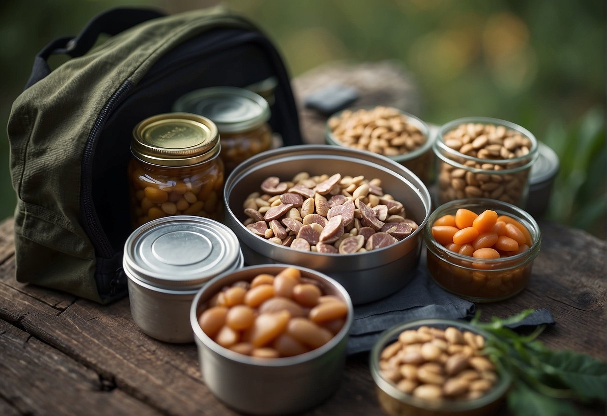 A bug out bag filled with protein-rich foods: canned tuna, jerky, nuts, and protein bars
