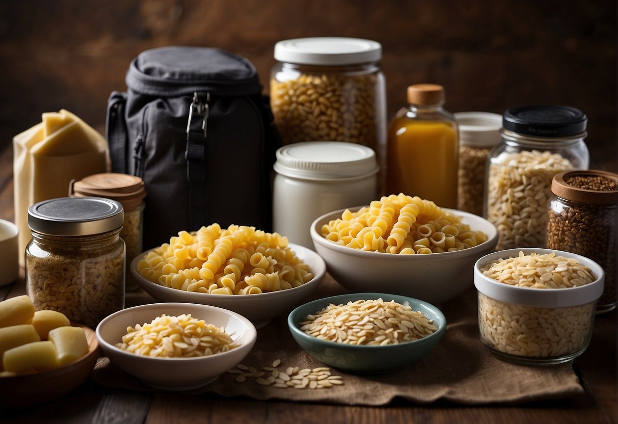 Various carbohydrate sources, such as rice, pasta, and oats, are on display