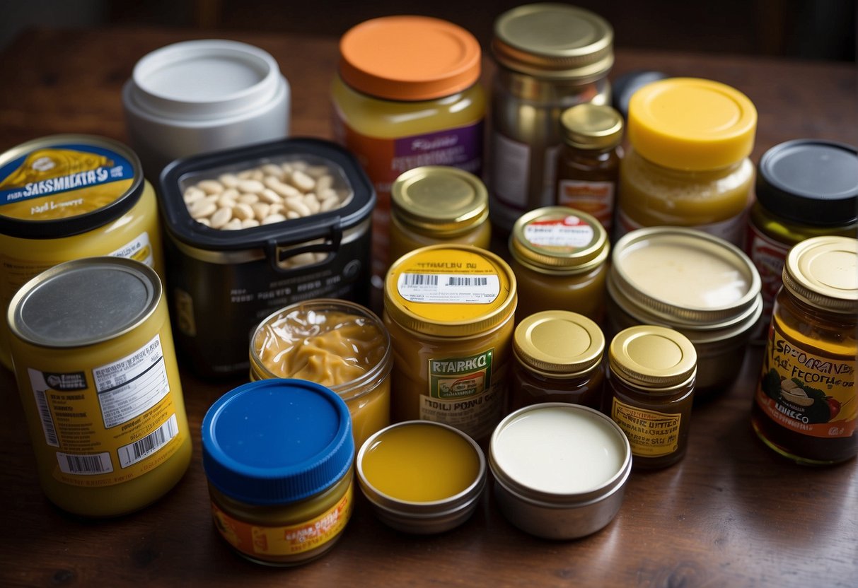 A variety of fats and oils, such as peanut butter, coconut oil, and canned fish, are arranged on the table ready to be packed