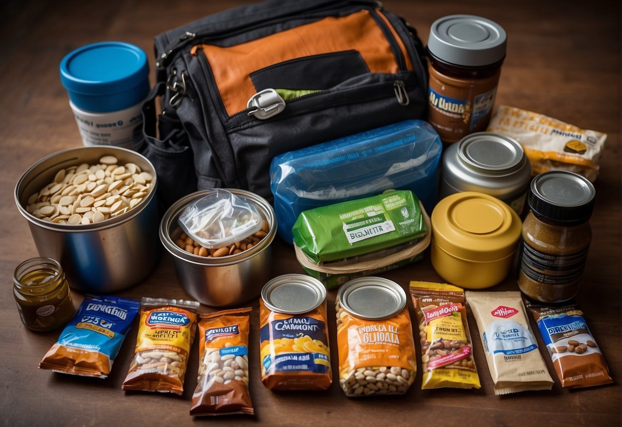 A bug out bag filled with canned goods, energy bars, and packaged snacks. A water bottle and instant coffee packets are also included for convenience