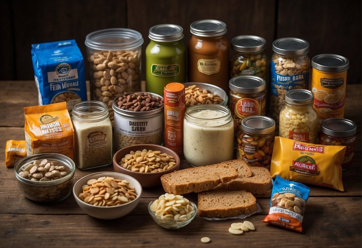 Various non-perishable food items scattered around a bug out bag, including canned goods, energy bars, and dehydrated meals