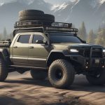A rugged, modified truck with off-road tires and extra fuel tanks, equipped with roof racks and a winch