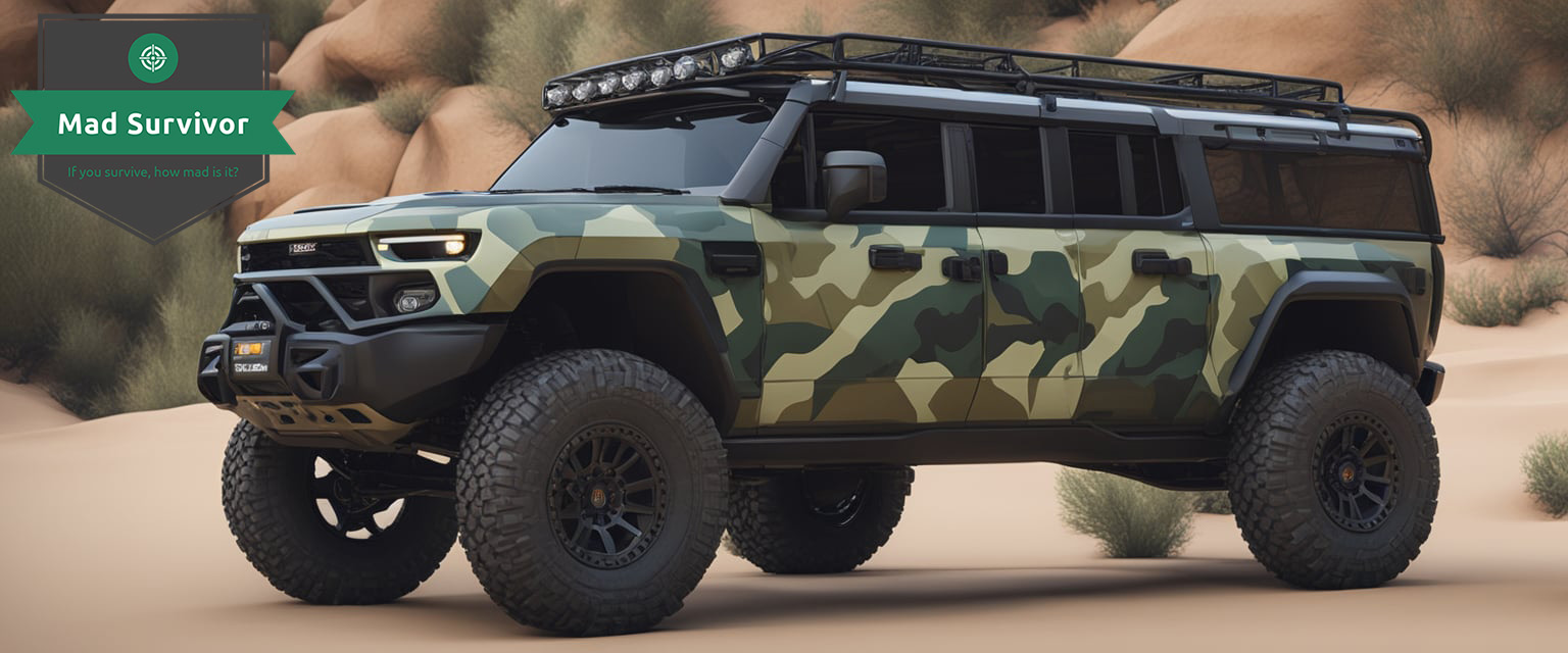 A rugged, modified vehicle equipped with off-road tires, roof racks, and extra fuel tanks. It has a winch, brush guard, and a camouflage paint job