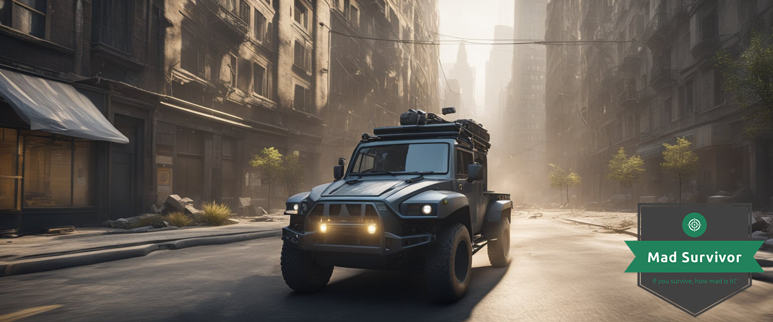 A rugged bug out vehicle equipped with security measures races through a deserted city street, its reinforced exterior and tinted windows hinting at the dangers lurking outside