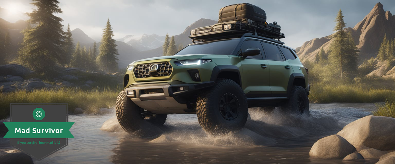 A rugged SUV navigates rough terrain, evading obstacles and crossing a shallow river. Its exterior is equipped with storage, tools, and survival gear