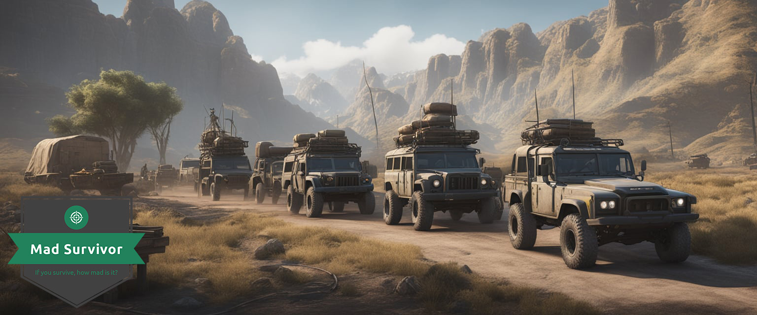 A convoy of rugged vehicles, loaded with supplies, travels through a post-apocalyptic landscape. 