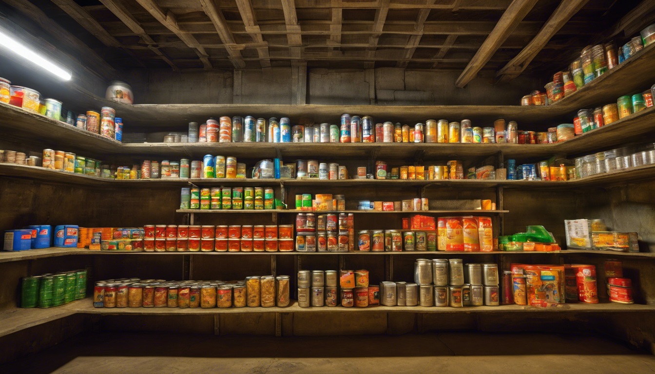 A survival bunker packed with canned food and bottled water to last a long time