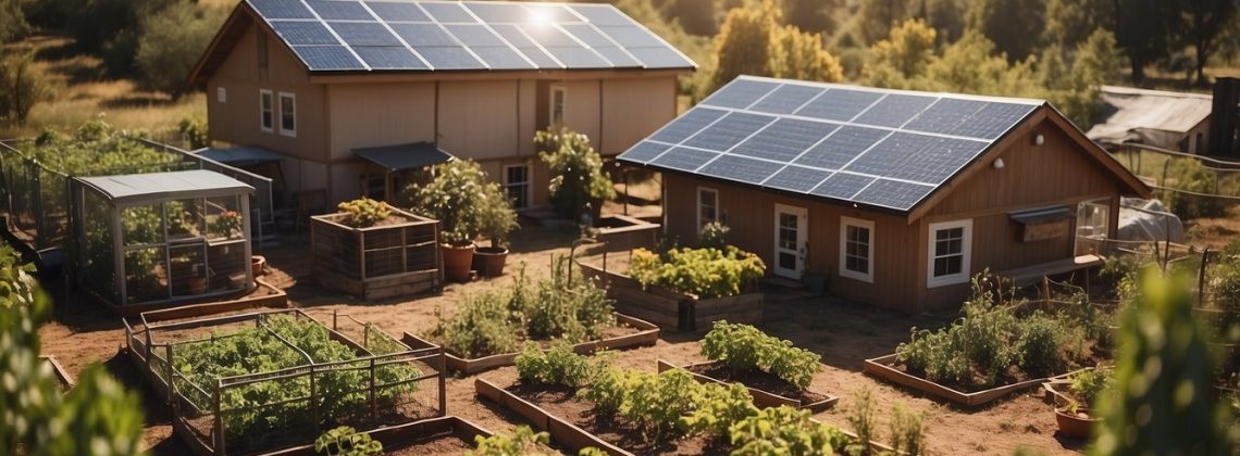 A homestead with solar panels, rainwater collection, and vegetable gardens, surrounded by fruit trees and a small animal pen