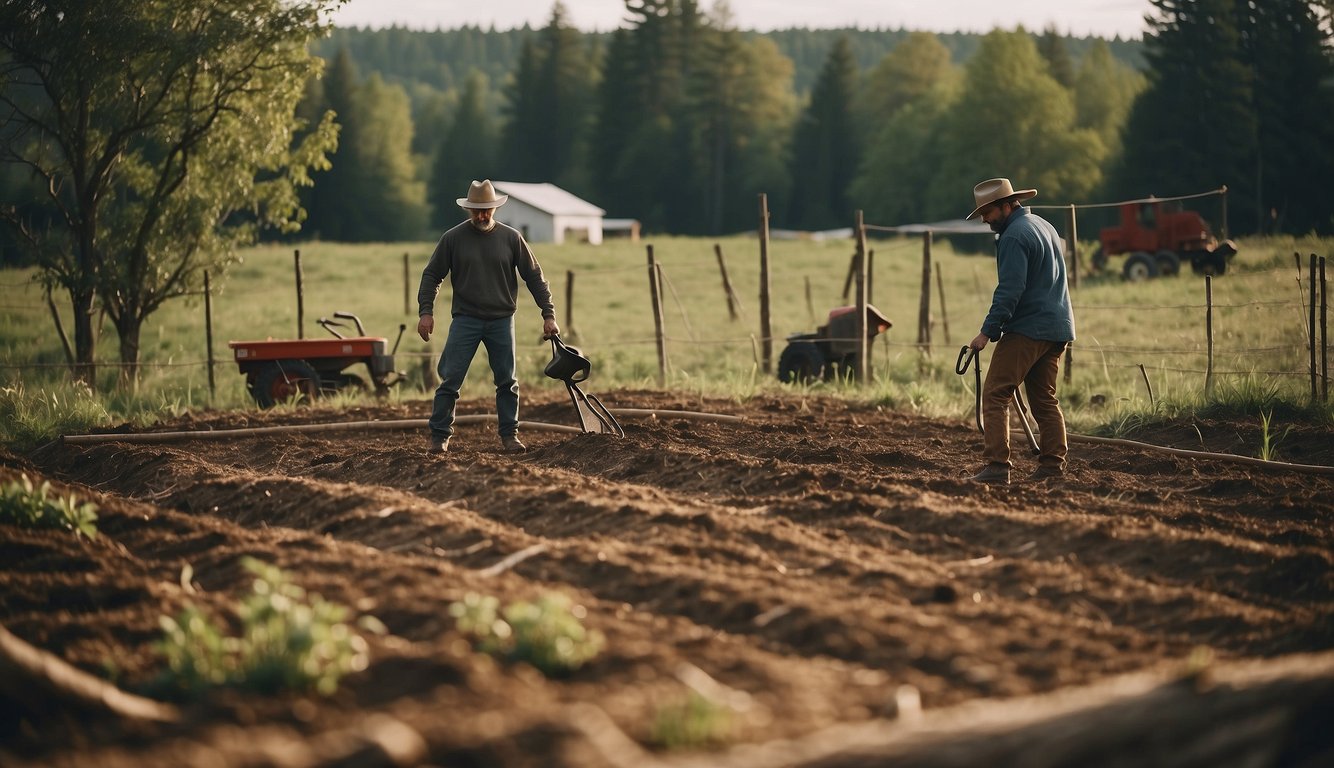 Clearing land, setting up fences, and laying out sustainable structures for a self-sufficient homestead