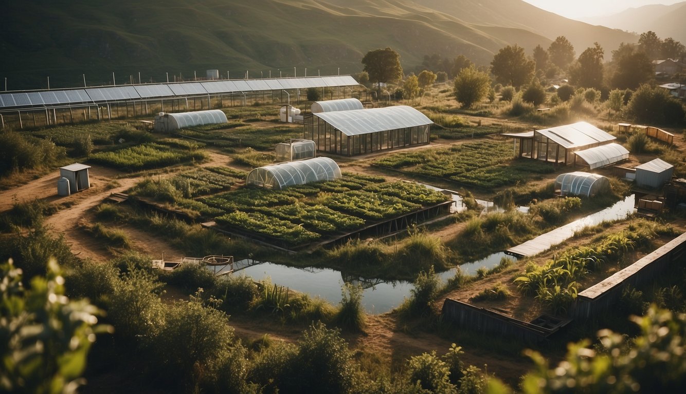 A diverse, self-sustaining ecosystem with a mix of crops, livestock, and renewable energy sources. Buildings incorporate natural materials and efficient design for minimal environmental impact