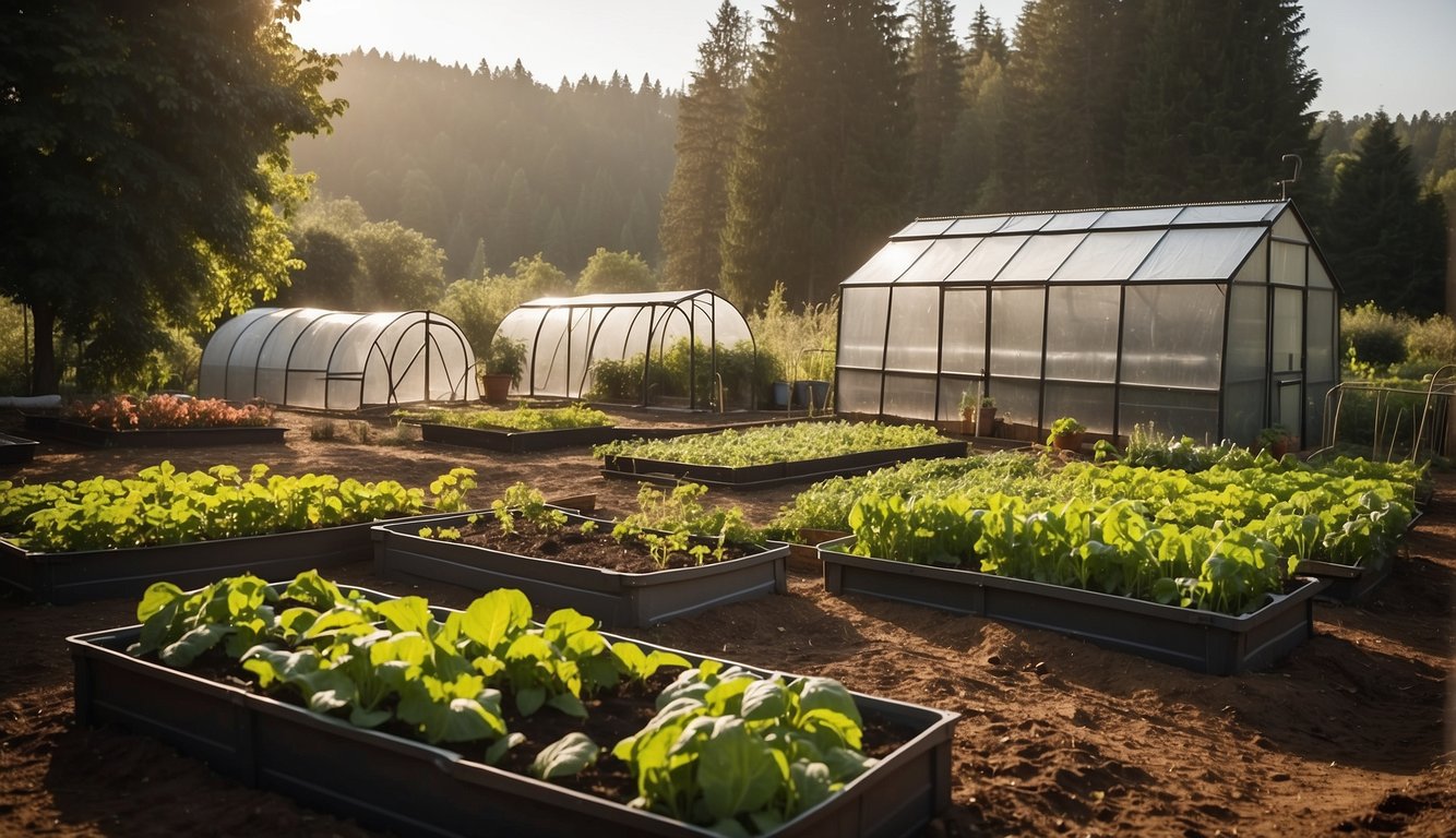 A diverse garden with rows of vegetables, fruit trees, and a greenhouse. 