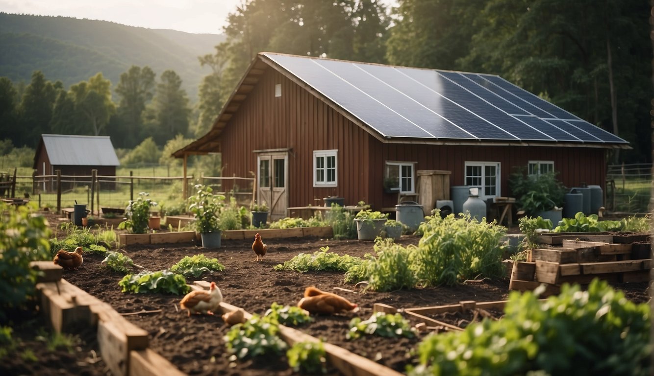 A homestead with a vegetable garden, solar panels, rainwater collection system, and a composting area.