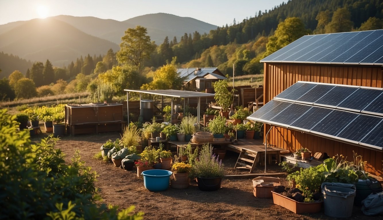 A diverse homestead with solar panels, rainwater collection, and a vegetable garden.