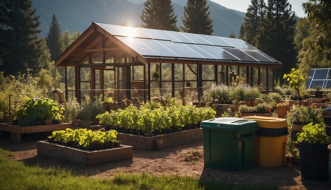 A sustainable homestead with solar panels, rainwater collection system, vegetable garden, and compost bins